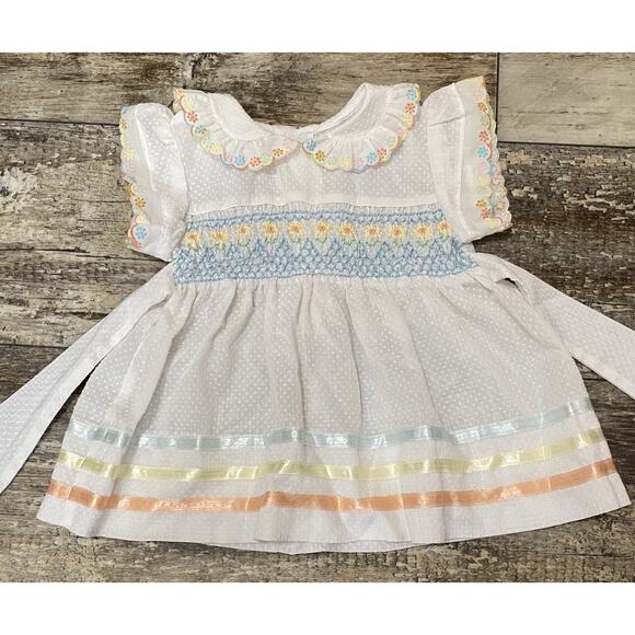 Vintage Polly Flinders White Swiss Dot Hand Smocked Dress Flowers Size 3T - Picture 1 of 12
